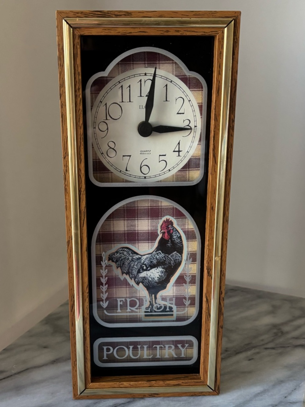 Vintage Elgin Quartz Mantel Clock Shadowbox Rooster Fresh Poultry Plaid Works!
